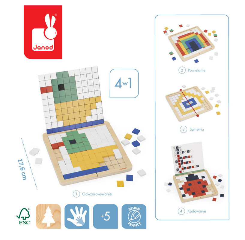 Janod Drewniana układanka mozaika piksele Symetria i kodowanie 4w1 5+ - obrazek 4