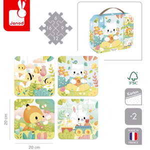 Janod Puzzle progresywne w walizce Zwierzątka Pure 4 układanki – 6, 9, 12 i 16 elementów 2+ Made in France
