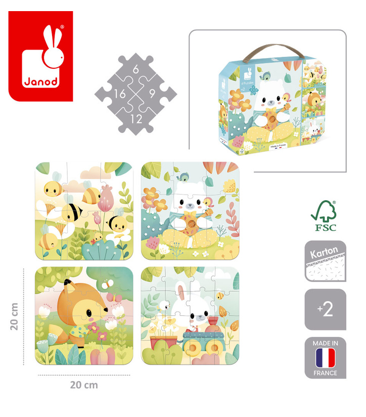 Janod Puzzle progresywne w walizce Zwierzątka Pure 4 układanki – 6, 9, 12 i 16 elementów 2+ Made in France