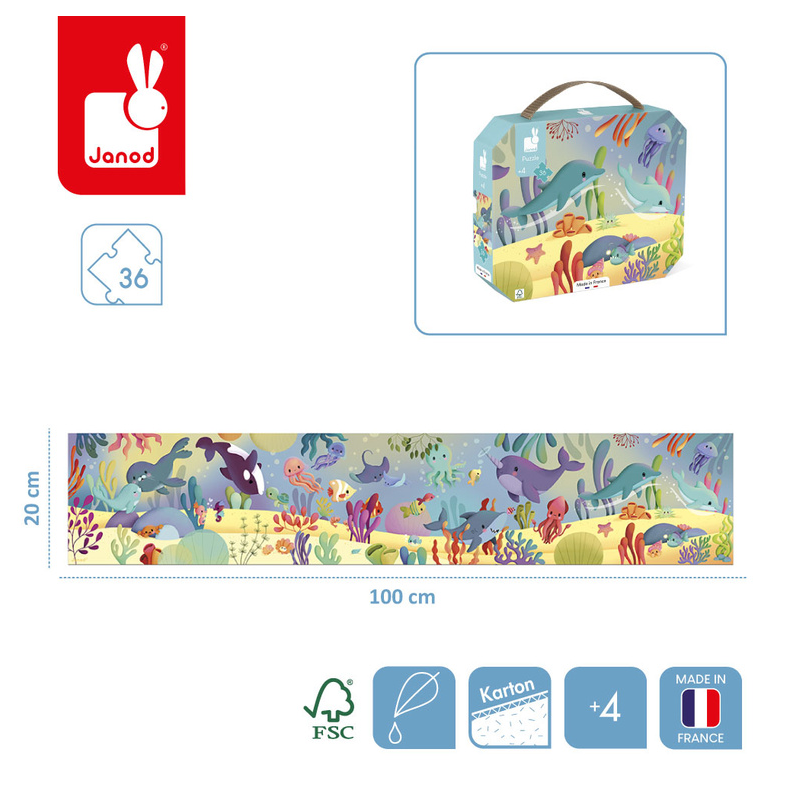 Janod Puzzle panoramiczne w walizce Morskie stworzenia 36 elementów 4+ Made in France