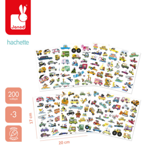 Janod Naklejki na arkuszach 200 szt. Pojazdy 3+