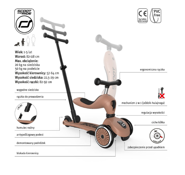 SCOOTANDRIDE Highwaykick 1 Push and Go 2w1 Jeździk i hulajnoga z rączką do prowadzenia 1-5 lat Mocha