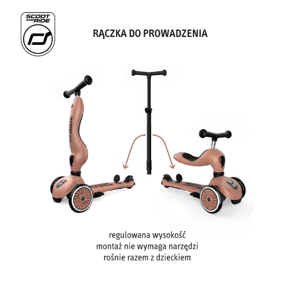 SCOOTANDRIDE Highwaykick 1 Push and Go 2w1 Jeździk i hulajnoga z rączką do prowadzenia 1-5 lat Mocha